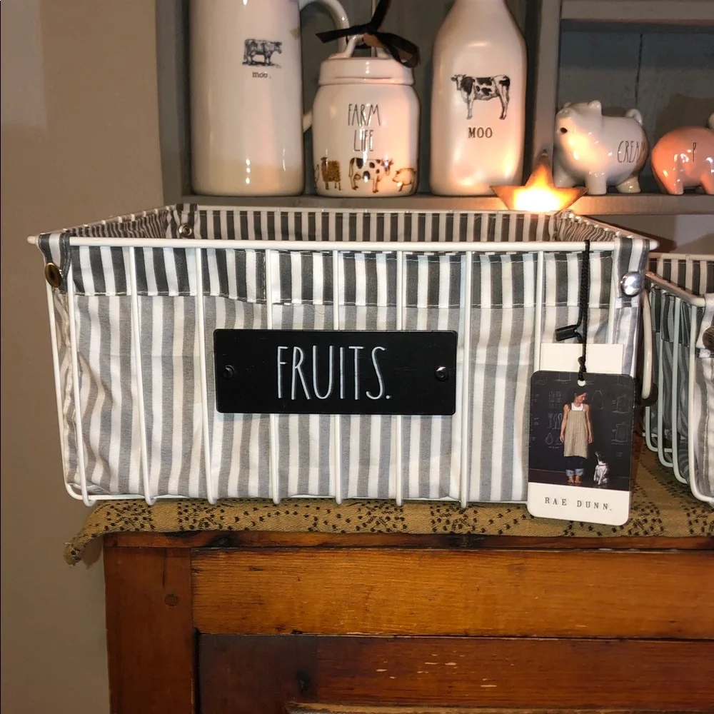 Rae Dunn FRUITS & VEGETABLES Metal/Wire Baskets Set/2 with Striped Linings